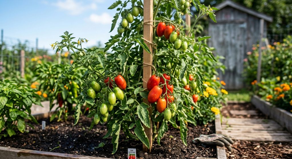 A vibrant San Marzano tomato plant grows in a sunny raised garden bed, its vines carefully tied to a central wooden stake with twine. Bunches of elongated, plum-shaped tomatoes hang from the plant in varying stages of ripeness, transitioning from a pale lime green to a deep, rich red. The plant features lush, serrated green leaves and small yellow blossoms, set against a backdrop of a rustic garden shed, vibrant marigolds, and other garden greenery. In the foreground, a pair of worn gardening gloves rests on the wooden edge of the garden bed near dark, moist soil.