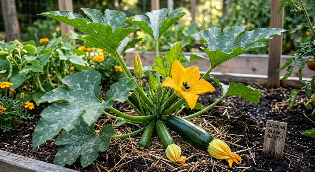 A lush 'Black Beauty' zucchini plant thrives in a sun-drenched raised garden bed, its large, silver-mottled green leaves fanning out from a central stem. Several dark green zucchinis are visible at the base, including one mature fruit and smaller ones still attached to vibrant, trumpet-shaped yellow blossoms. A bumblebee is captured mid-pollination inside a large, open flower. The plant is nestled in dark soil topped with a light layer of straw mulch, with a small wooden garden stake labeled 'ZUCHINNI BLACK BEAUTY' nearby. In the background, soft-focus greenery and yellow marigolds round out the peaceful garden scene.