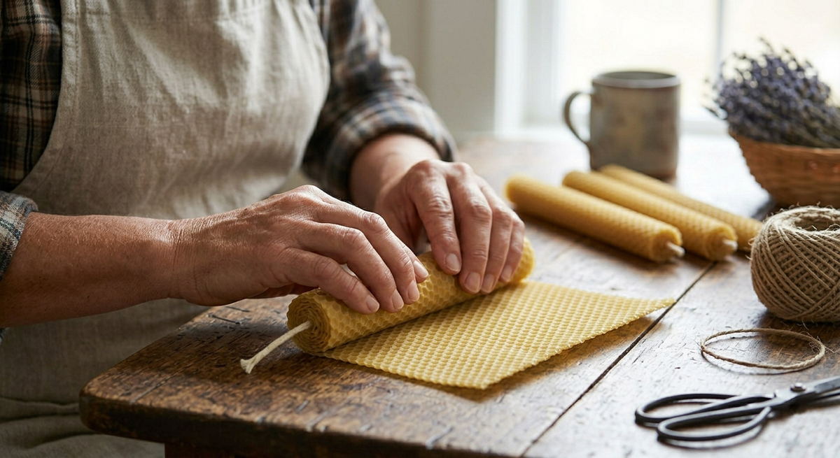 A close-up, tactile photograph of an artisan's weathered hands carefully rolling a golden honeycomb beeswax sheet around a natural cotton wick. The scene is set on a dark, rustic wooden workbench featuring traditional tools like jute twine and iron shears, emphasizing a "from-scratch" heritage craft process.