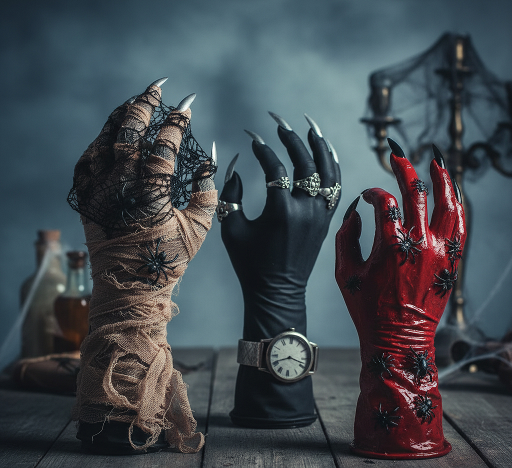 Three creative Halloween decorations made from stuffed rubber gloves: one is wrapped like a mummy with fake spider accents, one is solid black with long fingernails and silver rings/a watch, and one is painted bloody red with black fake insects.