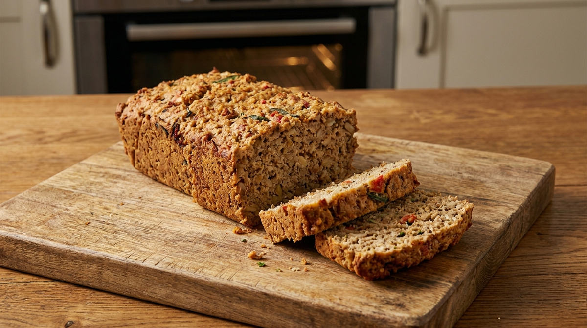 A savory golden-brown nut loaf, sliced to reveal a textured interior of ground nuts and herbs, resting on a rustic wooden cutting board in a warm kitchen setting.