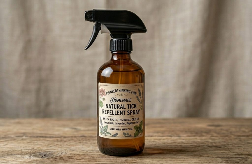 A professional, close-up photograph of an amber glass spray bottle resting on a rustic wooden surface against a soft, neutral-toned linen background. The bottle features a vintage-style, cream-colored label with botanical illustrations around the borders. The text on the label reads: "PIONEERTHINKING.COM Homemade NATURAL TICK REPELLENT SPRAY" and specifies that it contains witch hazel and essential oils of geranium, lavender, and peppermint. A small instructional line at the bottom of the label reads, "SHAKE WELL BEFORE USE."