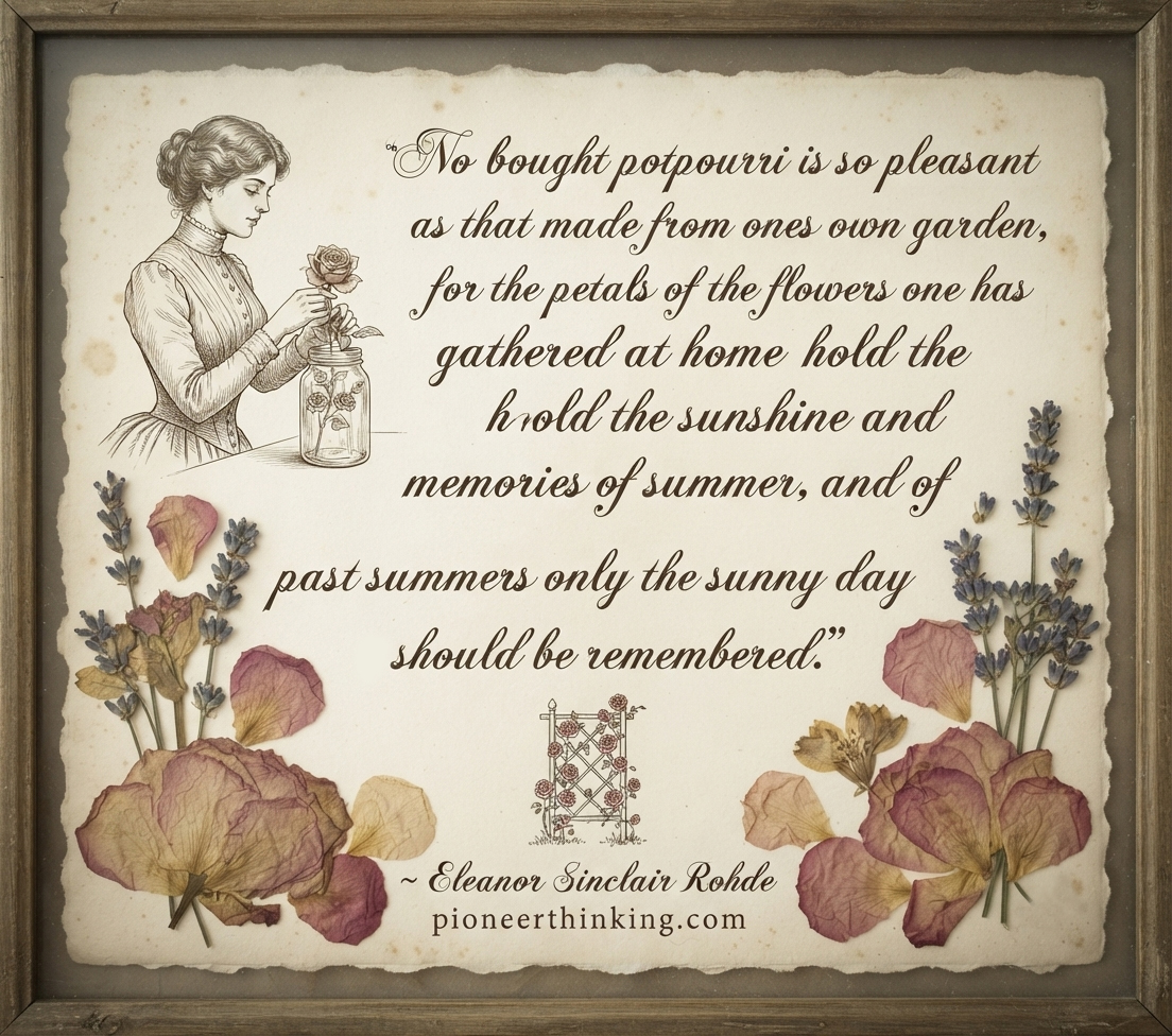 A vintage-style framed parchment paper featuring the quote, "No bought potpourri is so pleasant as that made from ones own garden...", accompanied by illustrations of a woman gathering flowers into a jar, pressed flowers, and lavender sprigs.