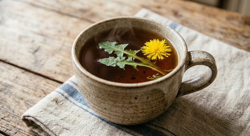 A close-up, high-angle view of a steaming cup of dandelion tea in a speckled stoneware mug. The tea is a dark amber color, with a fresh green dandelion leaf and a small yellow blossom floating on the surface. The mug sits on a folded linen napkin with blue stripes, placed upon a weathered, rustic wooden table. Wisps of steam rise from the warm liquid, and the background shows the soft-focus texture of the wood grain.