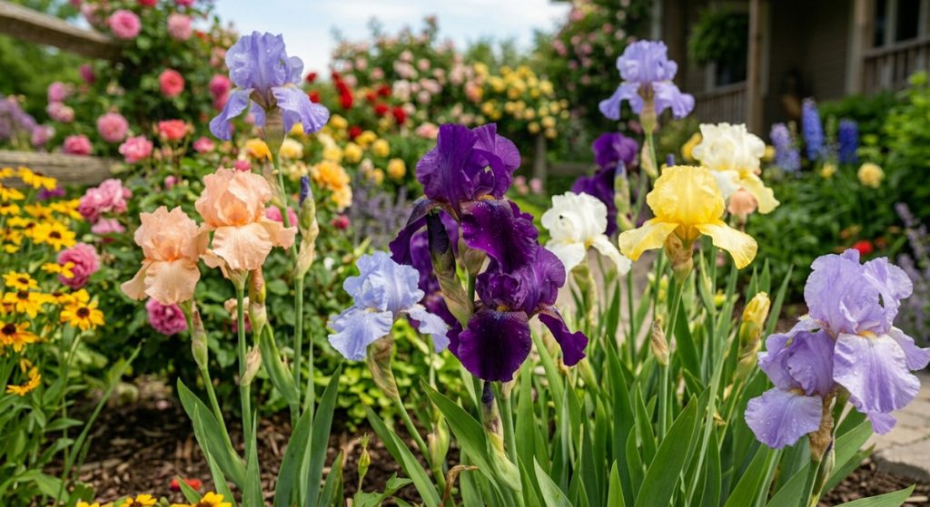 A detailed close-up of a diverse iris garden, showcasing elegant blooms in deep purple, soft lavender, buttery yellow, creamy white, and pale peach. The intricate petals of the irises are the central focus, rising above sharp, green sword-like foliage. In the blurred background, a sun-drenched cottage garden continues with hints of pink roses, yellow black-eyed Susans, and a rustic wooden fence under a soft, bright sky.