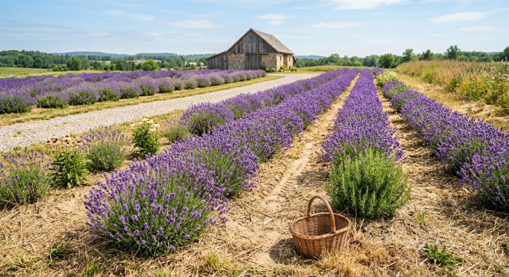 A wide-angle landscape of a sun-drenched farm featuring long, orderly rows of vibrant purple lavender. A rustic stone and wood barn stands in the background under a clear blue sky. In the foreground, an empty woven wicker basket sits on the dry, straw-covered earth next to the lavender plants.