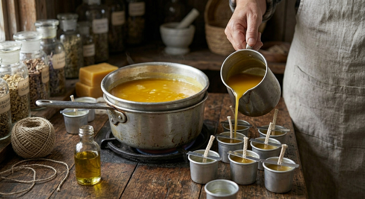 A high-angle, close-up photograph of golden molten beeswax being poured into small metal votive molds on a rustic wooden table. A vintage double-boiler sits on a burner in the background, surrounded by raw beeswax blocks, square-braid cotton wicks, and apothecary jars filled with dried herbs, capturing a professional botanical formulation setting.