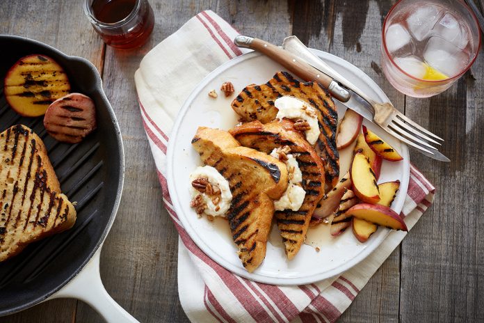 Grilled Peach, Apricot and Sweet Ricotta Layered Bread Pudding