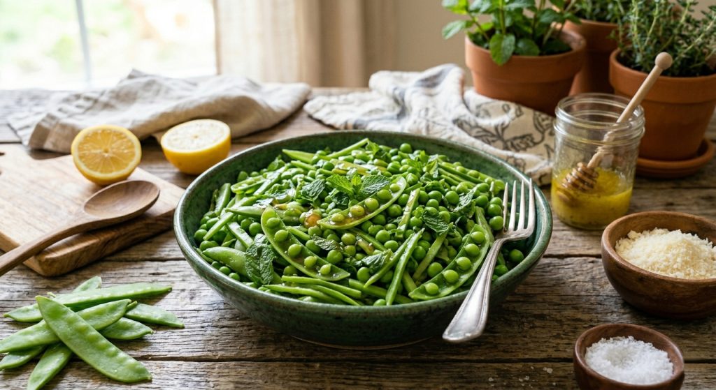 Vibrant mix of sugar snap, snow, and English peas with fresh mint and honey dressing in a teal bowl on a rustic wooden table.