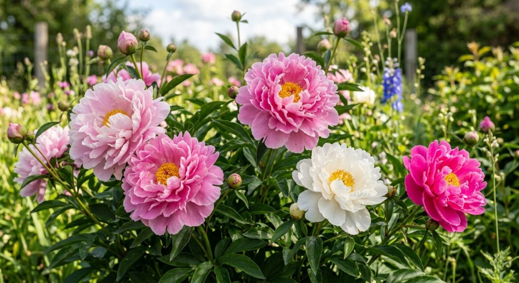 Vibrant pink and white peonies with large, ruffled petals and bright yellow centers blooming in a sunny garden.