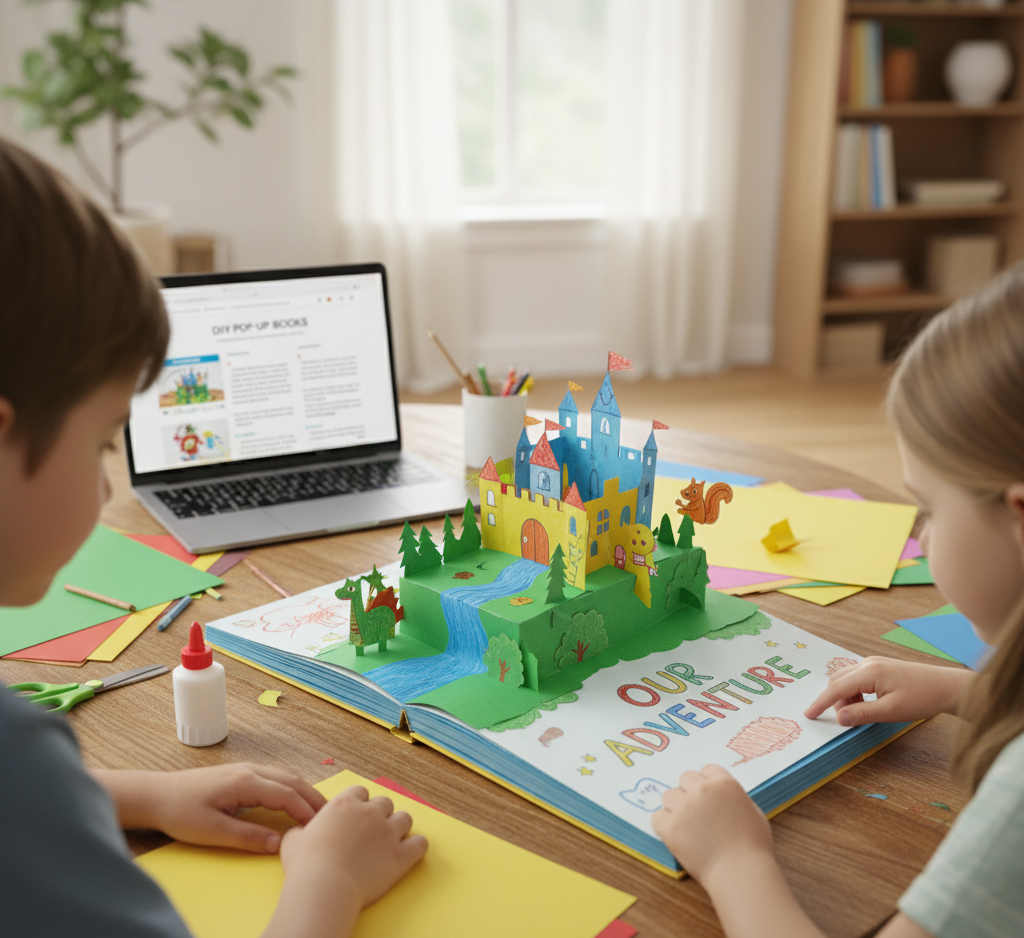 Two children, a boy and a girl, are seated at a table focused on an open, handmade pop-up book. The book features a vibrant, three-dimensional scene with a colorful castle, trees, a river, and a small dragon. In the background, a laptop displays a website titled 'DIY POP-UP BOOKS'. Craft supplies like construction paper, scissors, and glue are scattered around the table.