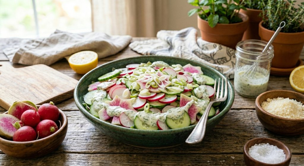A rustic teal bowl filled with sliced red and watermelon radishes, cucumbers, and a creamy dill dressing on a sunlit wooden table.