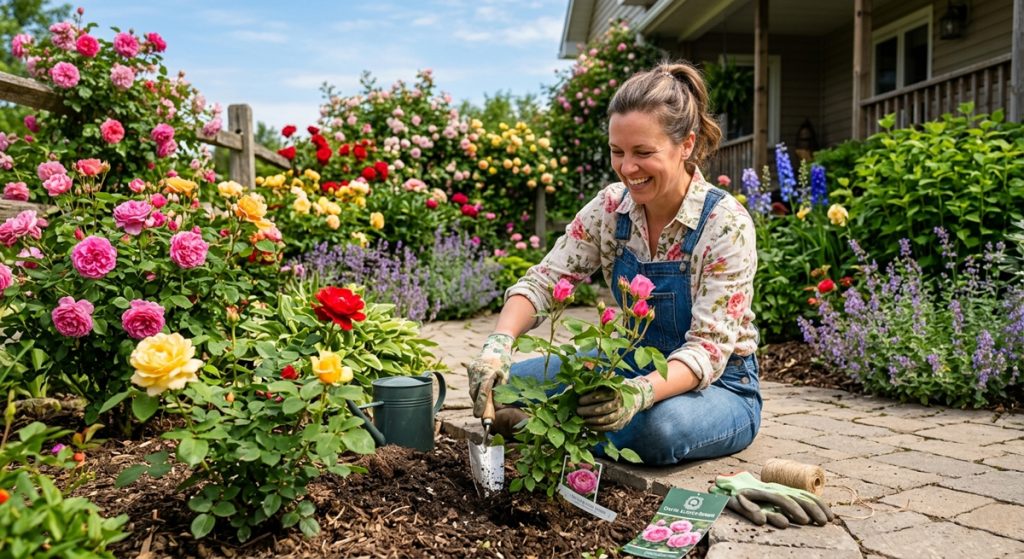 A happy female gardener in denim overalls kneels on a stone path, planting a young rose bush. A hand trowel and a small watering can rest near her on the soil. The background is a dense, colorful cottage garden filled with roses and lavender under a sunny, open sky.