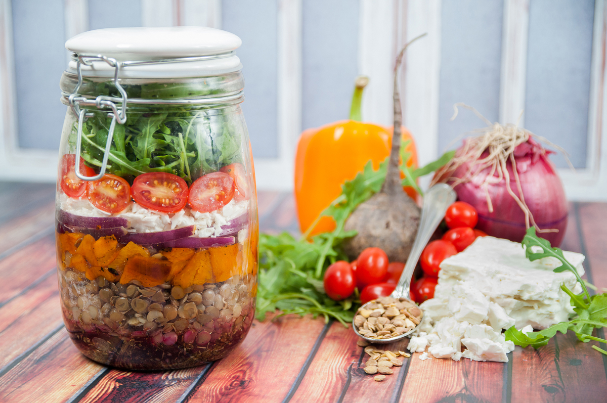 Salad in a Jar with Lentils and Feta Cheese