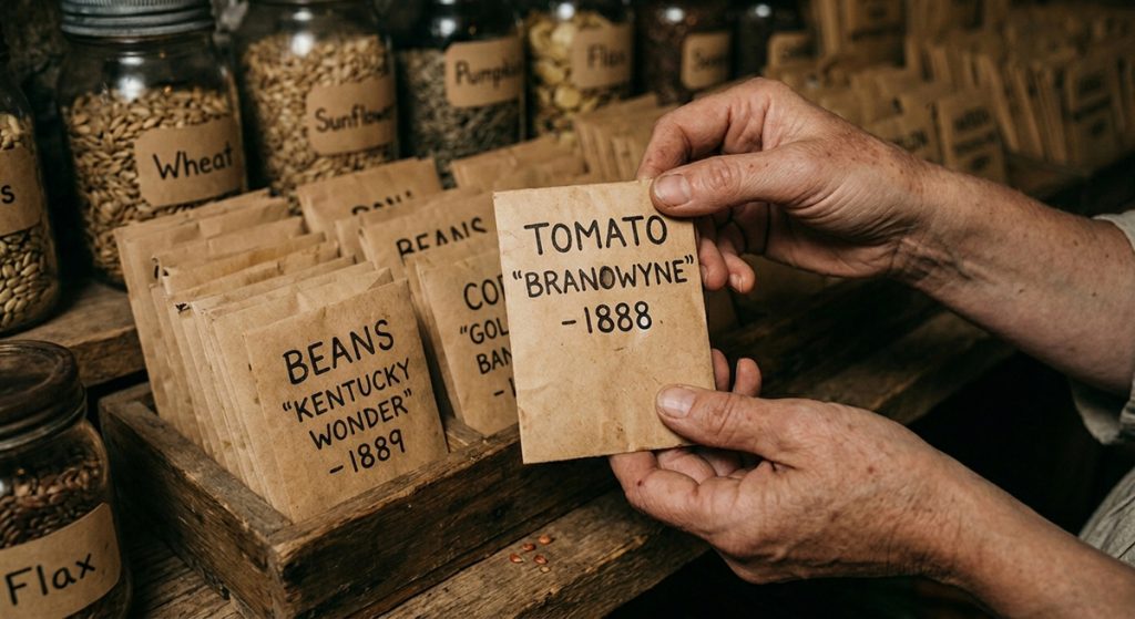 A close-up view of weathered hands holding a hand-folded paper envelope labeled "TOMATO 'BRANOWYNE' - 1888" in a rustic root cellar, surrounded by glass jars of seeds and wooden crates filled with other labeled paper seed packets