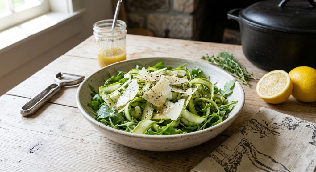 A top-down view of a fresh spring salad featuring shaved green asparagus ribbons, baby arugula, and Parmesan cheese in a stoneware bowl, set on a weathered wooden table next to a black cast-iron pot and a glass jar of lemon dressing.