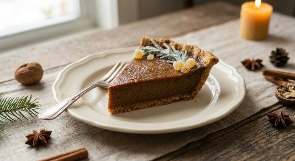 A close-up side view of a single slice of gingerbread custard pie on a cream-colored ceramic plate. The slice shows a smooth, dense mahogany filling and a thick, golden-brown cookie crust. It is garnished with a sprig of sugared rosemary and small pieces of crystallized ginger. An antique silver fork rests on the plate, set against a rustic background of linen, walnuts, and a soft-glowing candle.