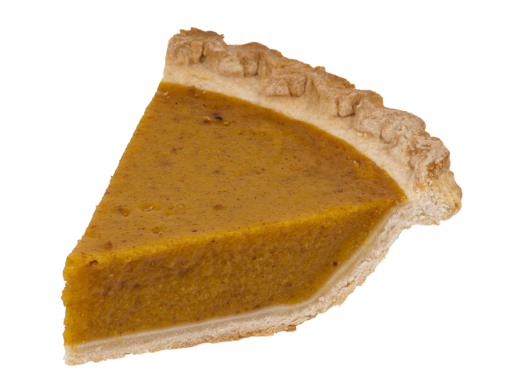 A single triangular slice of sweet potato pie with a thick, smooth orange filling and a golden-brown crimped pastry crust, isolated against a solid black background.