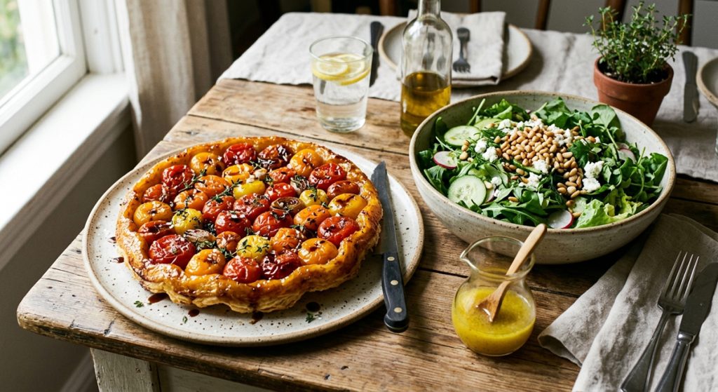 A savory tomato tarte tatin with red and yellow tomatoes on a ceramic plate next to a large bowl of green salad with cucumbers, radishes, and pine nuts on a wooden table.