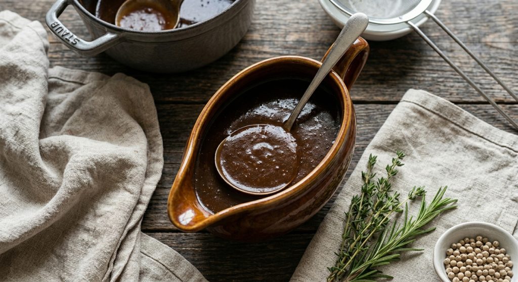 A top-down photograph on a rustic, dark wooden table features a rich, dark brown, velvety sauce in a glazed ceramic gravy boat. A small silver ladle is resting in the boat, holding a spoonful of the glossy sauce. Next to the boat are fresh sprigs of thyme and rosemary on a wrinkled linen napkin, and a small ceramic bowl of white peppercorns. In the background, there is a cast-iron pot with a small amount of sauce and a wire mesh strainer. The natural light highlights the textures of the sauce, herbs, and wood.