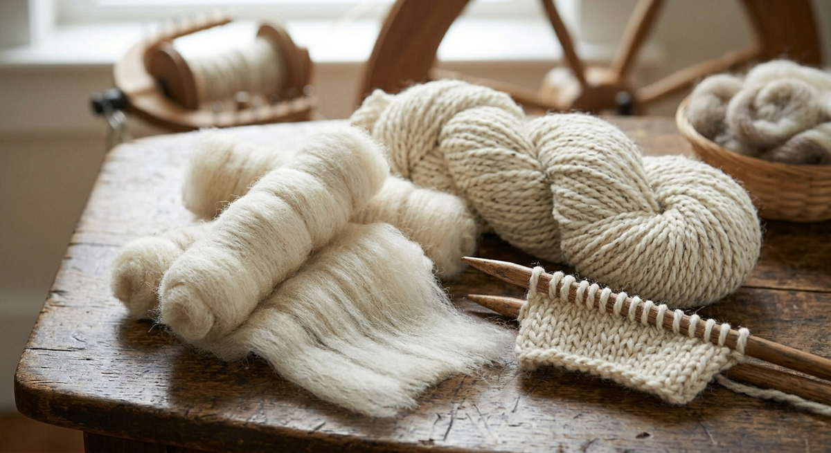 A close-up view focusing on fluffy, hand-carded wool rolags and textured handspun knitting in progress on a rustic wooden table. Diffused natural daylight highlights the airy softness of the rolags and the defined, plump stitches of the knitting needles, demonstrating how professional carding ensures a superior final 'bloom' (point 1).